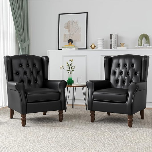 High Back Accent Chairs Set of 2, Faux Leather Wingback Chair for Living Room, Button-Tufted Upholstered Armchair with Solid Wood Legs, Comfy Single Sofa Reading Chair for Bedroom, Black
