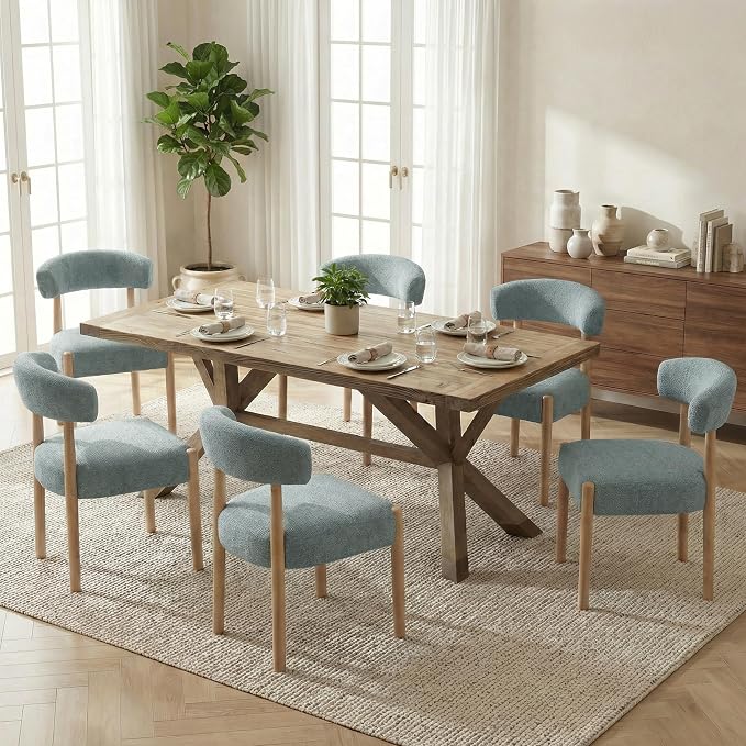 VKNOW Wooden Dining Chairs Set of 4 with Curved Open Back, Blue | Natural Rubberwood Legs, Soft Chenille Fabric, Thickened Cushion, For Adults and Family, Dining Room, Kitchen, No Wobble