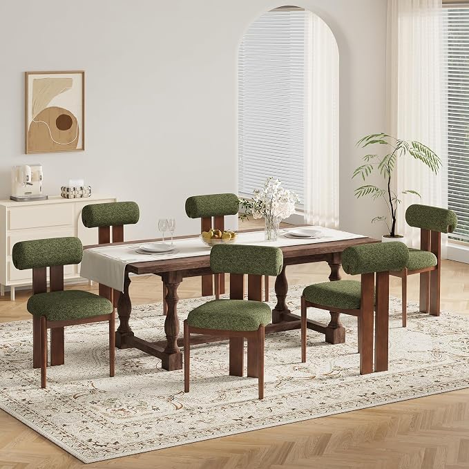 MALOL Modern Wooden Dining Chairs Set of 6, Upholstered Fabric Kitchen Chairs with Sculptural Backrest, Mid-Century Farmhouse Dining Room Chairs with Solid Wood Legs, Green