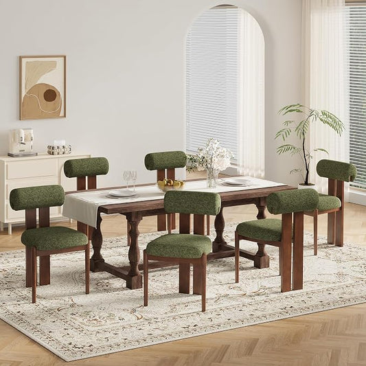 MALOL Modern Wooden Dining Chairs Set of 6, Upholstered Fabric Kitchen Chairs with Sculptural Backrest, Mid-Century Farmhouse Dining Room Chairs with Solid Wood Legs, Green
