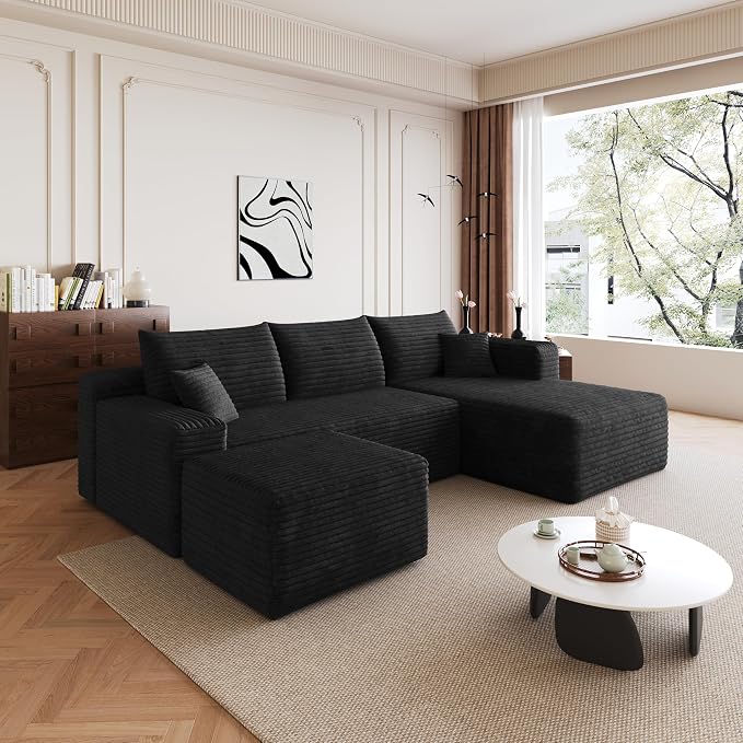 95" Cloud Boneless Sectional Sofa Couch with Chaise Lounge and Ottoman, Modern Corduroy Right Facing Modular Sectional Sofa Compressed Corner Couch with Deep Seat, No Assembly Required