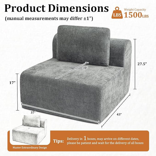 37" Oversized Boneless Couch, Comfort Cloud Sectional Couches for Living Room, Modular Sofa High Back & Extra Deep Seat, No Assembly, Soft Chenille Fabric (Dark Grey, 37 inch-Single Seat)