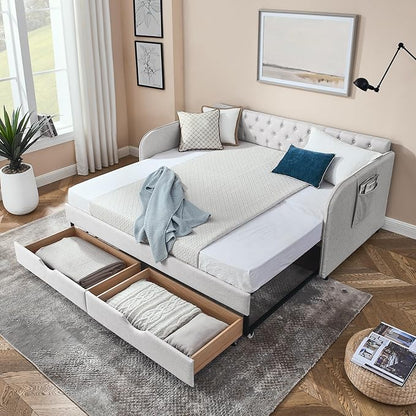 KEIKI Twin Size Upholstery Daybed with Trundle and 2 Drawers, Twin to King Design Mid-Century Style Extendable Sofa Bed, Easy Assembly, No Box Spring Required, for Living Room, Beige