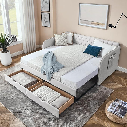KEIKI Twin Size Upholstery Daybed with Trundle and 2 Drawers, Twin to King Design Mid-Century Style Extendable Sofa Bed, Easy Assembly, No Box Spring Required, for Living Room, Beige