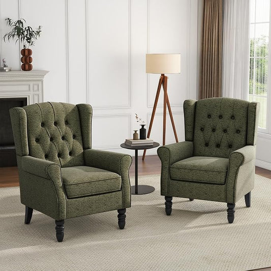 High Back Accent Chairs Set of 2, Upholstered Armchair Wingback Arm Chair for Living Room, Comfy Single Sofa Solid Wood Legs Bedroom Reading Seat - Green