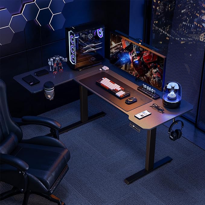 Acrolix L Shaped Electric Standing Desk - 59x40 Inch Reversible Corner Sit Stand Desk with Hook&Cup Holder,Electric Height Adjustable Table,for Home Office Gaming Computer Desk, Black Carbon