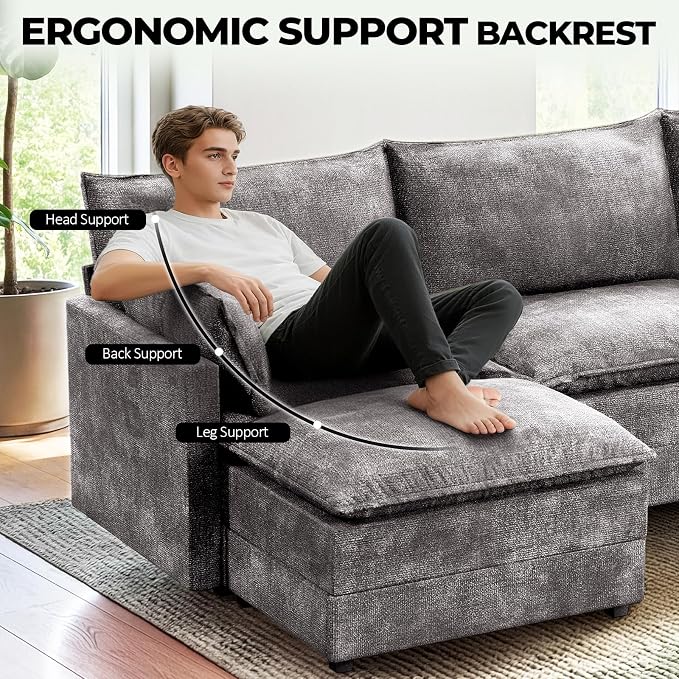 LEVELEVE 112.5" U-Shape Modular Sofa with 2 Ottomans, Deep Seat Cloud Convertible Sleeper, 2 Arm Pillows, Cozy Upholstered Furniture for Living Room Apartment, Dark Grey