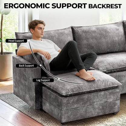 LEVELEVE 112.5" U-Shape Modular Sofa with 2 Ottomans, Deep Seat Cloud Convertible Sleeper, 2 Arm Pillows, Cozy Upholstered Furniture for Living Room Apartment, Dark Grey