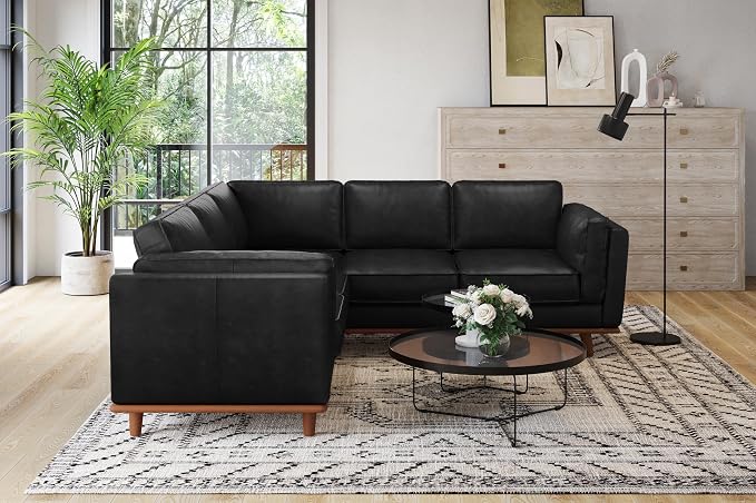 Valencia Artisan Full Leather Sofa - Pure Full Italian Nappa Leather Couch, Solid Wood Accent, Ultimate Comfort (Black, L-Shape Sectional)