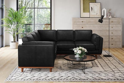 Valencia Artisan Full Leather Sofa - Pure Full Italian Nappa Leather Couch, Solid Wood Accent, Ultimate Comfort (Black, L-Shape Sectional)