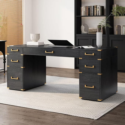 RuiSiSi 70” Extra-Large Classic and Traditional Executive Desk with Metal Edge Trim, Writing Desk with 2 File Drawers, USB Ports and Outlets, Black+Gold