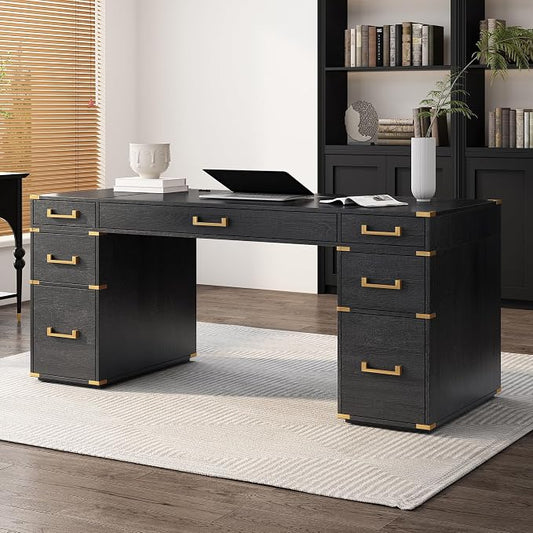 RuiSiSi 70” Extra-Large Classic and Traditional Executive Desk with Metal Edge Trim, Writing Desk with 2 File Drawers, USB Ports and Outlets, Black+Gold