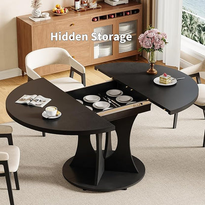 iPormis 43.3-59 Inch Extendable Round Dining Table for 6-8 People, Oval Dinner Table with Adjustable Top and A Stable Round Pedestal Base, Space Saving Wooden Kitchen and Dining Table, Black