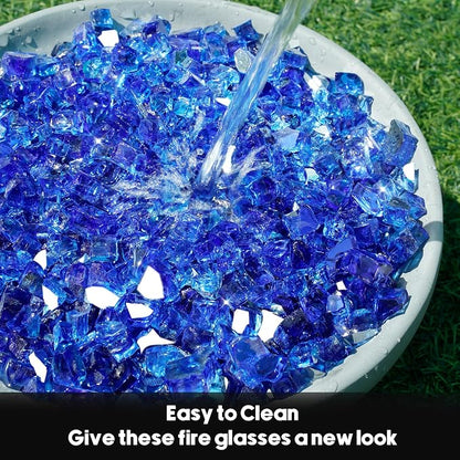 Skyflame 15LB Fire Glass for Propane Fire Pit, 1/2 Inch Cobalt Blue Reflective Glass Rocks, Fireplace Fire Table Decorative
