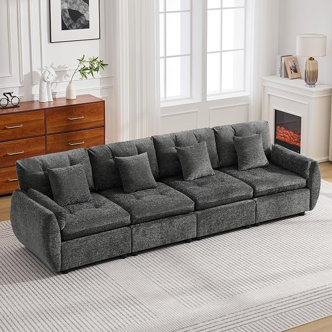 112" Oversized Modular Cloud Sofa, Deep Seat Tufted Chenille 4-Seater Sectional Couch with Curved Arms, Comfy Sofas for Living Room, Dark Grey