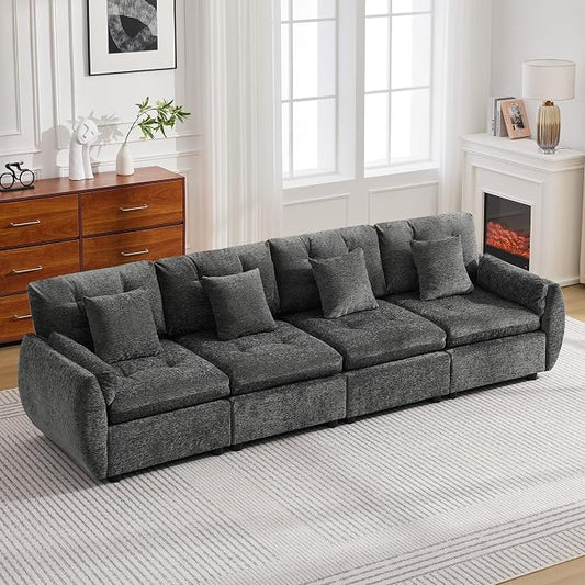 112" Oversized Modular Cloud Sofa, Deep Seat Tufted Chenille 4-Seater Sectional Couch with Curved Arms, Comfy Sofas for Living Room, Dark Grey