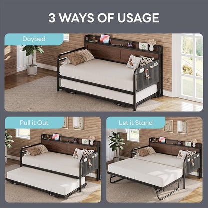 LIKIMIO Twin Daybed, Day Beds with Pop Up Trundle, Storage Headboard with Charging Station, Strong Supports for Apartment and Other Small Space, Dark Brown