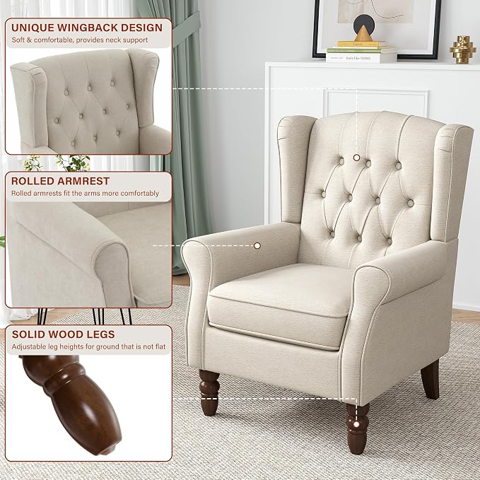 Wingback Accent Chairs Set of 2, High Back Arm Chair for Living Room, Button-Tufted Upholstered Fabric Armchair with Solid Wood Legs, Comfy Single Sofa Reading Chair for Bedroom, Beige