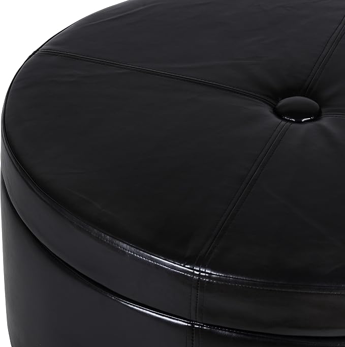 HomePop 32" Large Tufted Round Storage Ottoman - Black Faux Leather