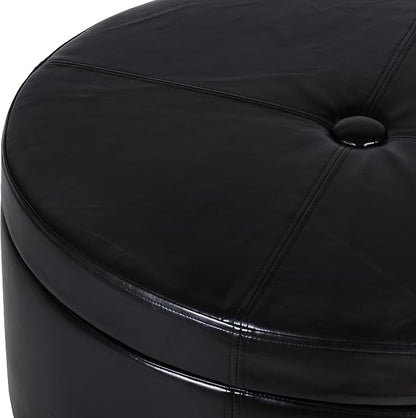 HomePop 32" Large Tufted Round Storage Ottoman - Black Faux Leather
