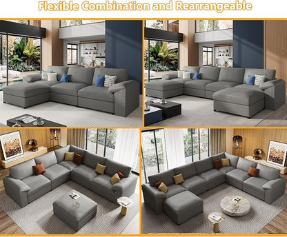EASE MOOSE Faux Leather Sectional Couch, Oversized Modular Sofa, Modern Comfy Modular Couch, Scratch Resistant Material Sofas, U Shaped Couch for Big Spaces, Grey