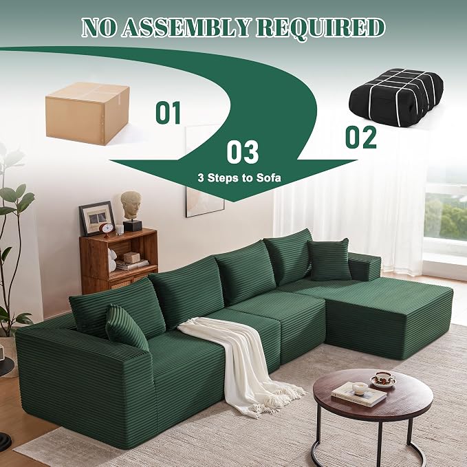 Mangodan 140” Cloud Sectional Couch, Boneless Sofa for Living Room, Modular Sectional Sofa with Deep Seat, Comfy Fluffy L-Shaped Couch with Right-Facing Chaise, No Assembly Required, Green