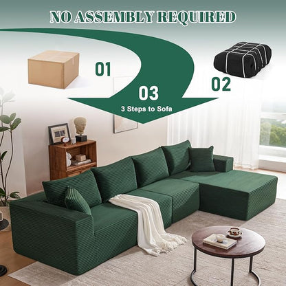 Mangodan 140” Cloud Sectional Couch, Boneless Sofa for Living Room, Modular Sectional Sofa with Deep Seat, Comfy Fluffy L-Shaped Couch with Right-Facing Chaise, No Assembly Required, Green