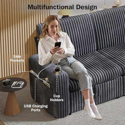Sunny Heart 101" Plush Corduroy L Shaped Sectional Sleeper Sofa Bed with Pull Out Bed, Reclining Backrest, Reversible Storage Chaise, USB Ports, Cup Holders, Tool Free Assembly, Darke Grey