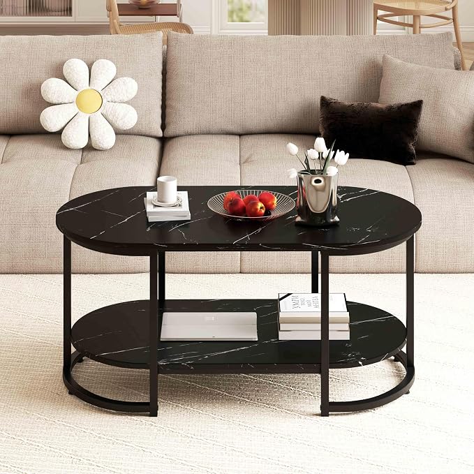 Giantex 2-Tier Coffee Table, Oval Center Table with Faux Marble Top & Open Storage Shelf, Modern Accent Table with Heavy Duty Metal Frame, Cocktail Table for Living Room Reception (Black Marble)