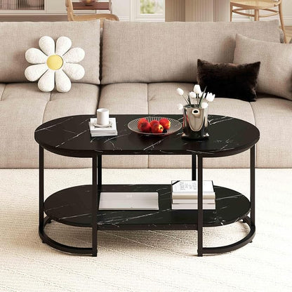 Giantex 2-Tier Coffee Table, Oval Center Table with Faux Marble Top & Open Storage Shelf, Modern Accent Table with Heavy Duty Metal Frame, Cocktail Table for Living Room Reception (Black Marble)