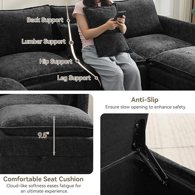 55" Modular Loveseat Sofa with Storage, Upholstered Cloud Sofa Small Love Seat Couch, Modern Sectional Comfy 2 Seater Chenille Couch with Armrests for Living Room, Small Space, Black