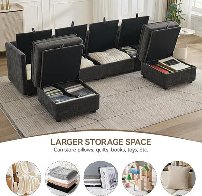 105" Cloud Modular 4 Seater Sofa with 2 Storage Ottoman, Modern Upholstered Sofa Storage Sofa Couch Deep Seat, U Shape Sectional Sofa Chenille Comfy Couch with Armrests for Living Room, Dark Grey