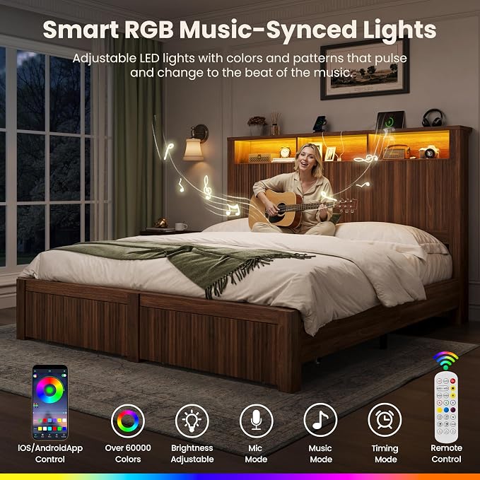 CypBed Queen Size Bed Frame with Headboard and Storage Drawers, Queen Bed Frame with LED Light and Charging Port, Farmhouse Wavy Wood Design, Wood & Metal Platform, Noise-Free, No Box Spring Needed