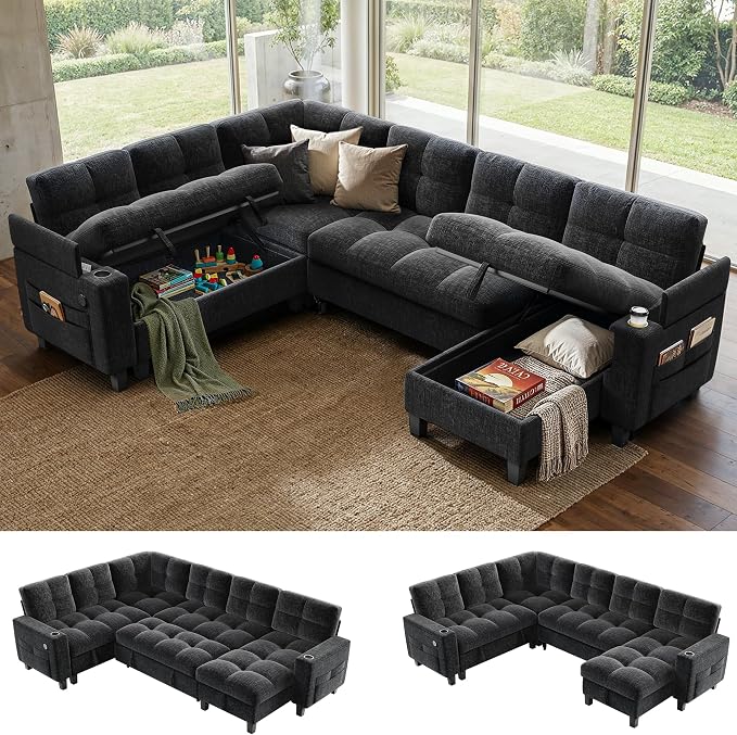 AMADA HOMEFURNISHING 110'' Modular Sectional Sleeper Sofa with Pull Out Couch, U Shaped 7 Seat Sectional Sofa with Storage, USB Ports & Cup Holders, Chenille Cloud Couches for Living Room, Dark Grey