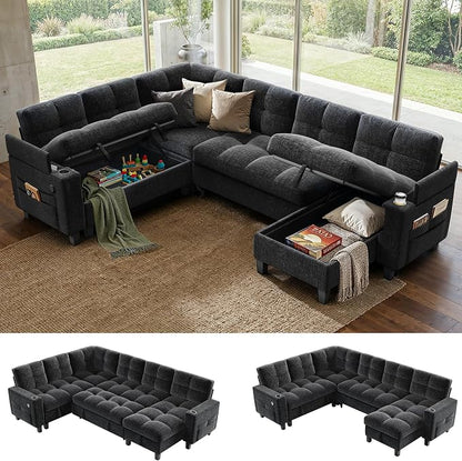 AMADA HOMEFURNISHING 110'' Modular Sectional Sleeper Sofa with Pull Out Couch, U Shaped 7 Seat Sectional Sofa with Storage, USB Ports & Cup Holders, Chenille Cloud Couches for Living Room, Dark Grey