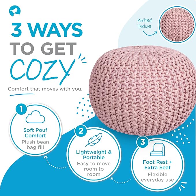 BIRDROCK HOME Round Pouf Ottoman Foot Rest - 18.5”x18.5”x15” Boho Compact Comfortable Soft Cotton Braided Foot Stool with Bean Bag Filling for Living Room, Bedroom, or Nursery (Dusty Rose)