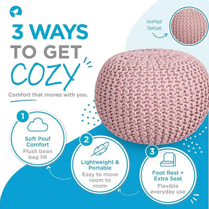 BIRDROCK HOME Round Pouf Ottoman Foot Rest - 18.5”x18.5”x15” Boho Compact Comfortable Soft Cotton Braided Foot Stool with Bean Bag Filling for Living Room, Bedroom, or Nursery (Dusty Rose)