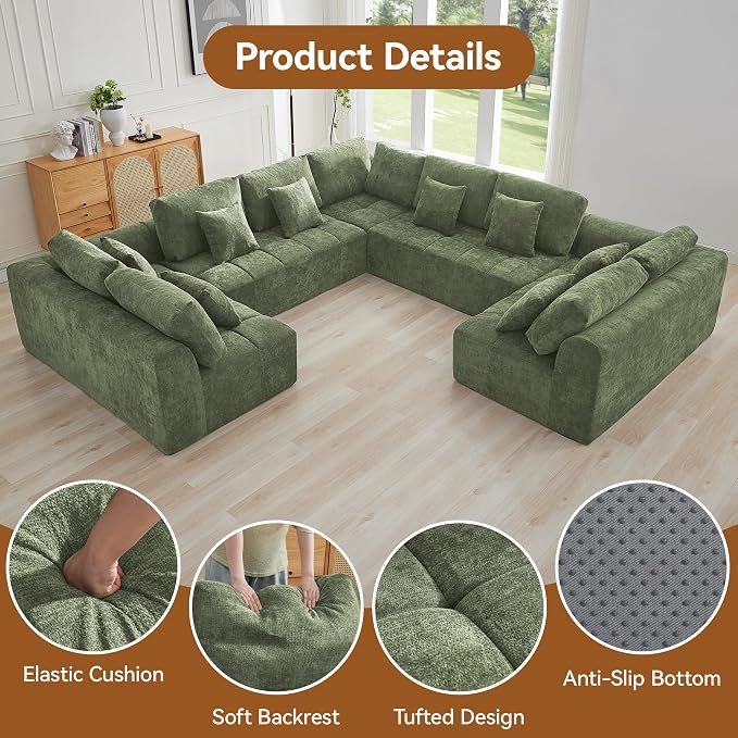 140''Modular Sectional Couches for Living Room, Cloud Boneless Compressed Sectional Sofa, Oversized U Shaped 9 Seater Upholstered Memory Foam Sofa, No Assembly, Chenille Green