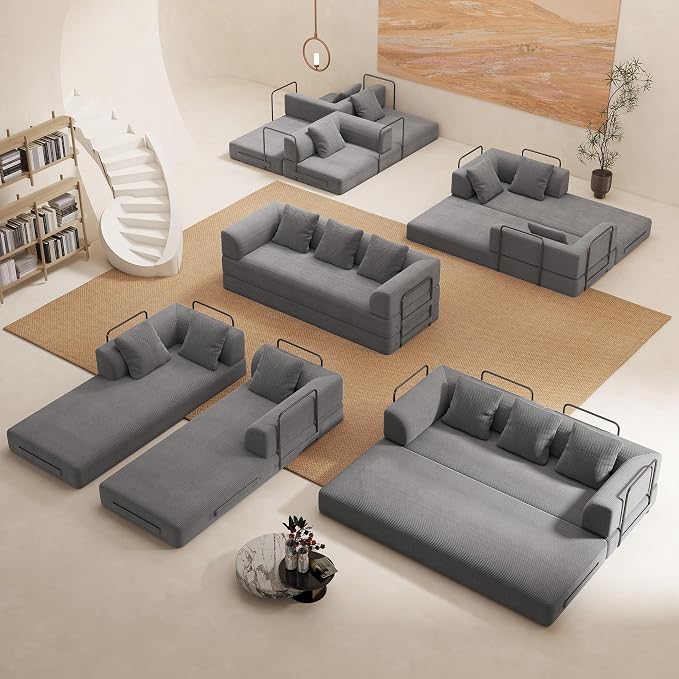 89" Cloud Boneless Convertible Sofa Bed, 5-in-1 Foldable Compressed High-Density Sponge Sofa, Corduroy Fabric 3 Seater Sleeper Couch Futon Daybed for Living Room Bedroom (Medium Gray)