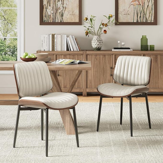 MALOL Leather Dining Chairs Set of 2, Modern Upholstered Dining Room Kitchen Chairs with Metal Legs and Wooden Back Support for Home Dining Room/Restaurant, Beige