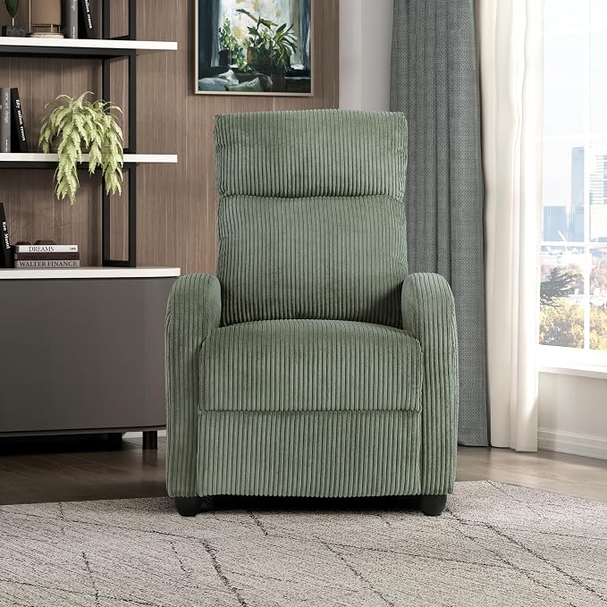 Lexicon Corduroy Pushback Recliner Chair Armchair Push Back Recliner, Solid Wood Frame and Metal Seat Base, Soft Single Sofa Accent Chair for Living Room/Office/Apartment, Easy Assembly, Green