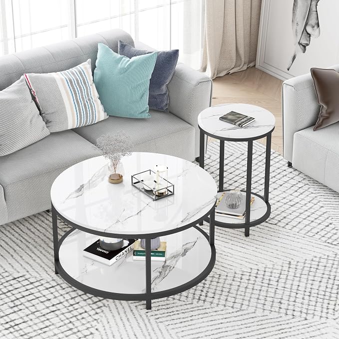 WiberWi Round Side Table, Modern Nightstand End Table with Metal Frame &Faux Marble Top, Accent Bedside Table for Living Room Bedroom Small Spaces with Storage Open Shelf, White