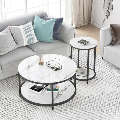 WiberWi Round Side Table, Modern Nightstand End Table with Metal Frame &Faux Marble Top, Accent Bedside Table for Living Room Bedroom Small Spaces with Storage Open Shelf, White