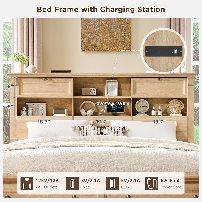 T4TREAM Farmhouse Queen Size Bed Frame with 54" Tall Storage Bookcase Headboard, 18" Roman Column Decoration Footboard,2 Drawer & 4 Storage Rack, Oak