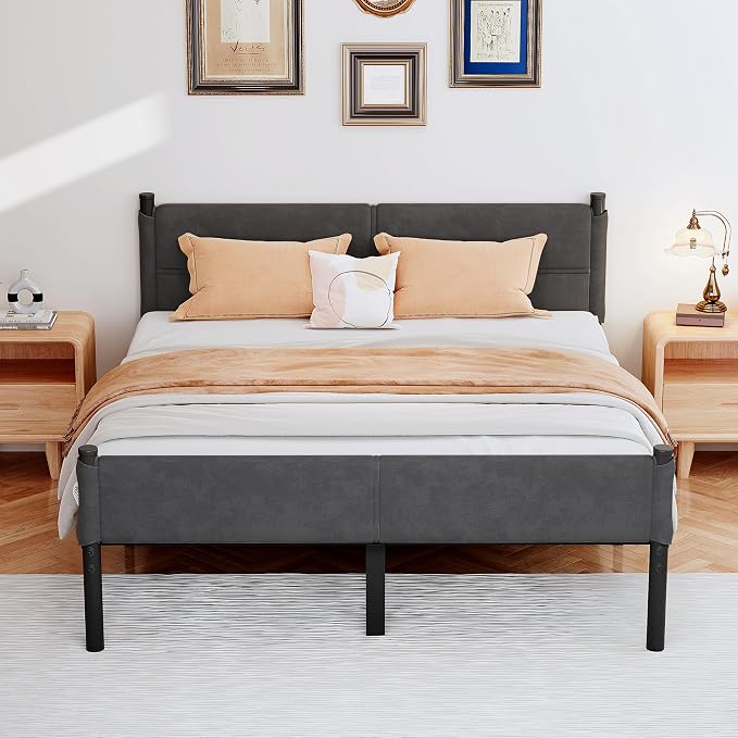 Metal Bed Frame,14Inch Queen Size Bed Frame with Storage Space,Heavy Duty Sturdy Mattress Foundation,Easy Assembly,No Box Spring Needed,Queen Grey