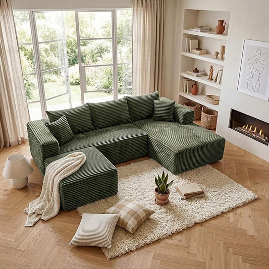 92.5'' U-Shaped Boneless Couches, Sectional Sofa with Deep Seat with Ottoman, Corduroy Modular Sectional Sofa, Convertible Cloud Couch with Oversized Deep Seats No Assembly Needed