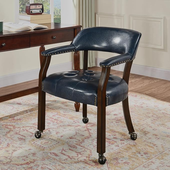 LEEMTORIG Large Dining Chairs with Casters and Arms, Rolling Dining Chairs with Wheels, Solid Wood Boss Caption's Chairs Office Desk Chairs, 26" D x 25.2" W, Espresso Legs & Dark Blue PU SY-318-LB