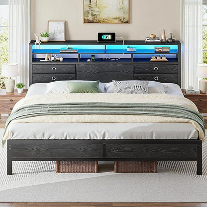 Homkdom King Bed Frame with Storage Headboard, Charger & LED Lights, Black | 3-tier shelves and 4 drawers,2 USB&1 Type-C ports,Heavy-duty metal loads 880lbs,Noise-free,No box spring needed,Easy assembly