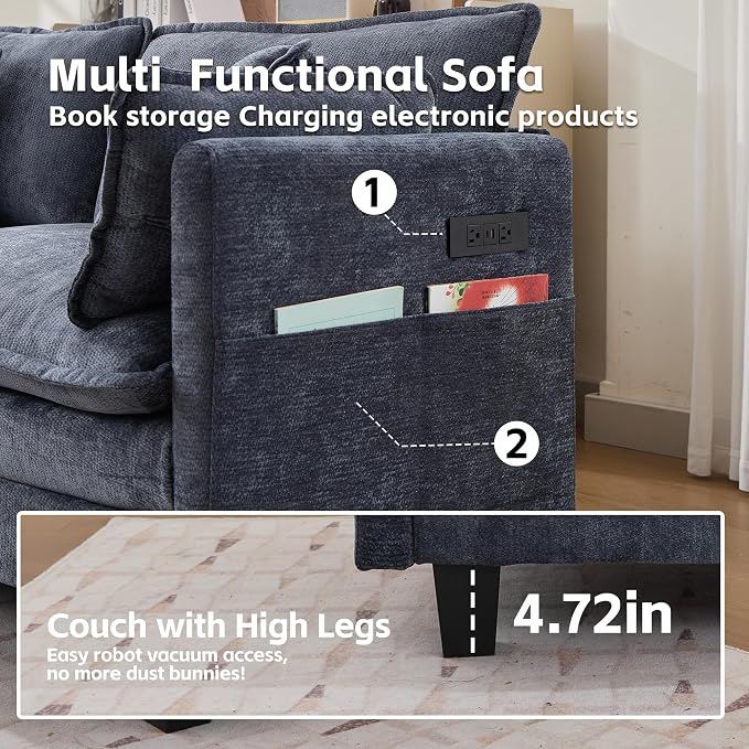 Opiesit Modular Sectional Sofa with Movable Ottoman, 110" 4-Seat Modern Couches for Living Room, Comfy L Shaped Couch Set with Deep Seat for Office and Apartment, Blue Chenille Fabric