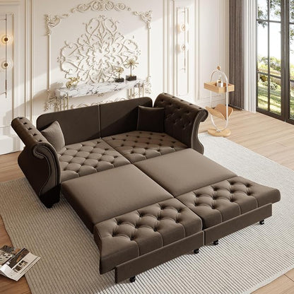 83.8" Oversized Pull Out Sofa Bed, Chesterfield Velvet Sleeper Sofa Couch with Roll Arm & Flower Tufting, Heavy Duty Metal Frame Convertible Sofa for Living Room, Apartment, Guest Room, Brown